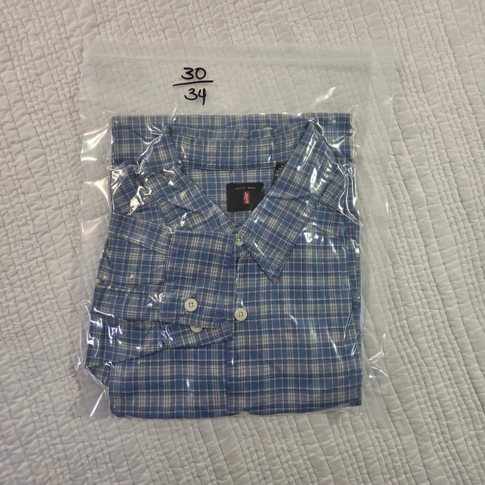 Vintage Levis Jeans Plaid Button Down Shirt Mens XL Blue White Y2K Oversize 1999